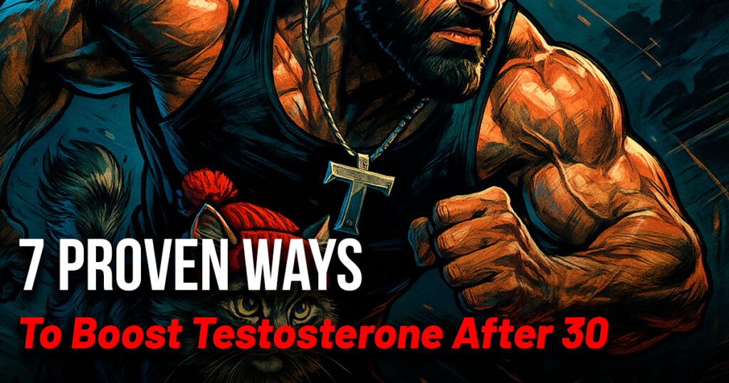 7 Proven Ways to Boost Testosterone After 30 — illustrated hero sprinting with cat