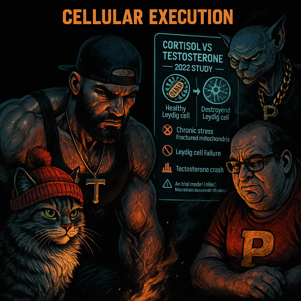 Cortisol destroying Leydig cells and testosterone production — Capitan T confronts the hormonal enemy in a dark testosterone battle