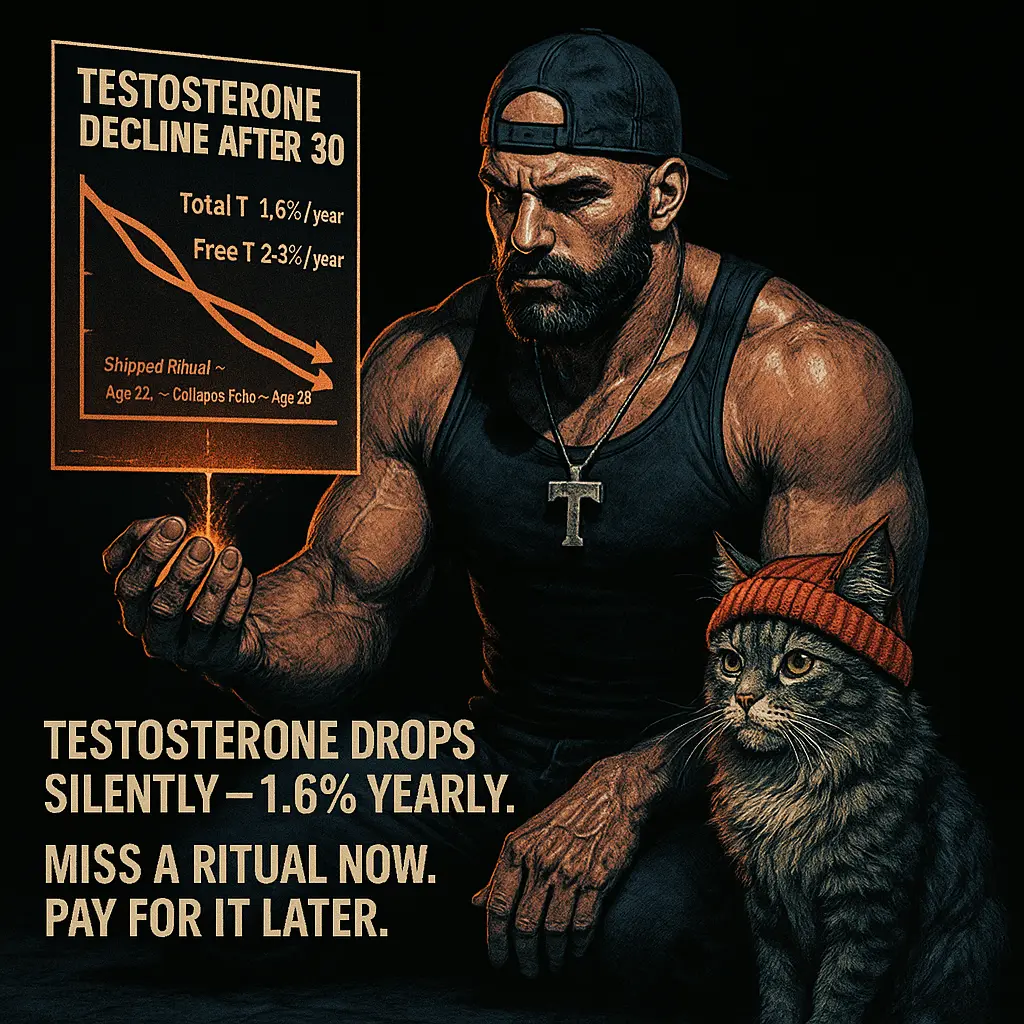PubMed graph showing testosterone decline after age 30 — 1.6% yearly total testosterone drop and 2–3% free T loss